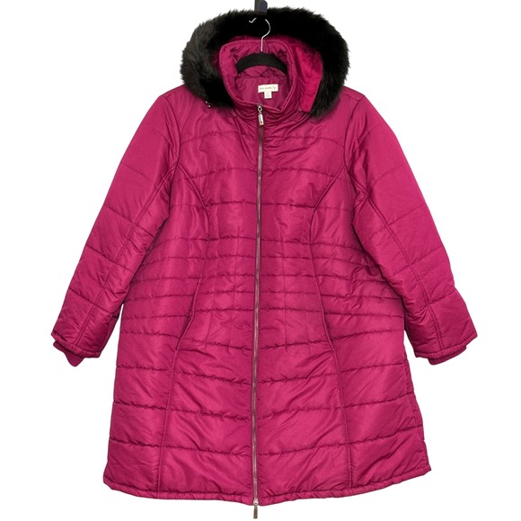 Susan Graver Womens Puffer Coat Plus 3X Magenta Hooded Faux Fur Trim Parka - Picture 1 of 14